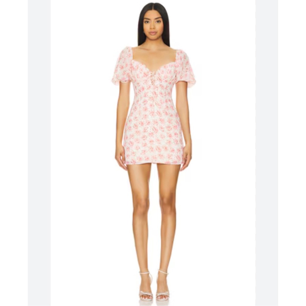 J8‎ More To Come Pink Floral Puff Sleeve Mini Dress Sweetheart Neckline Small